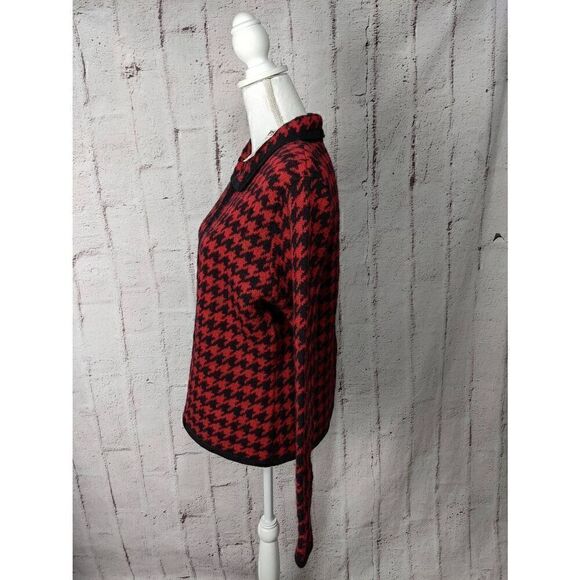 Paul Harris Design Vintage 100% Wool Red Houndstooth Full zip Cardigan Sweater N - Picture 2 of 7